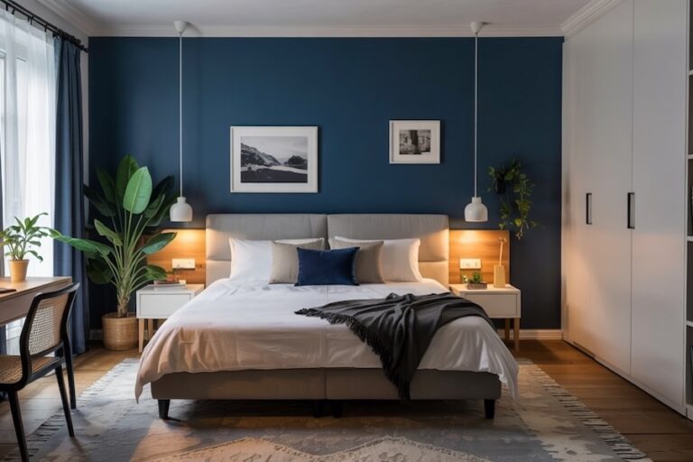 Une chambre avec un mur peint en couleur bleue