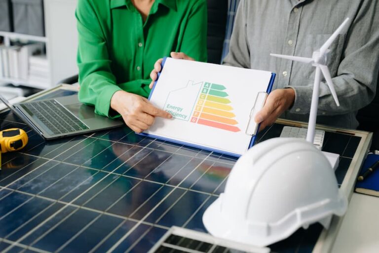 Des professionnels RGE réalisant un diagnostic DPE dans une maison et qui propose des solutions écologiques en matière d'énergie