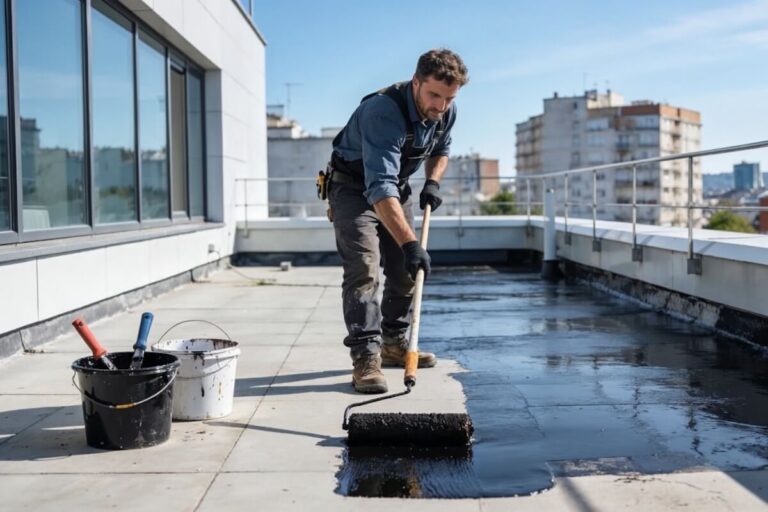 Un couvreur réalise une étanchéité sur un toit terrasse