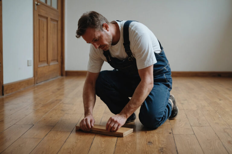Un parqueteur pose du parquet à Tours