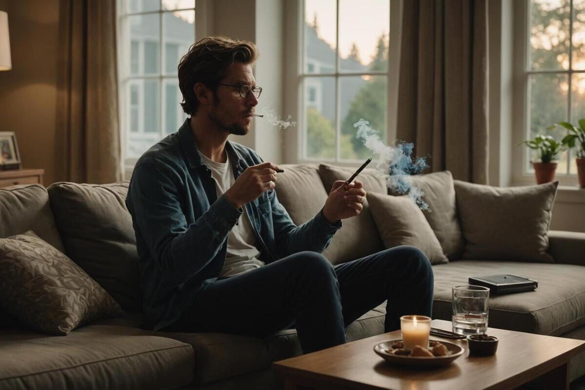 Fumeur vapote à l'intérieur de sa maison