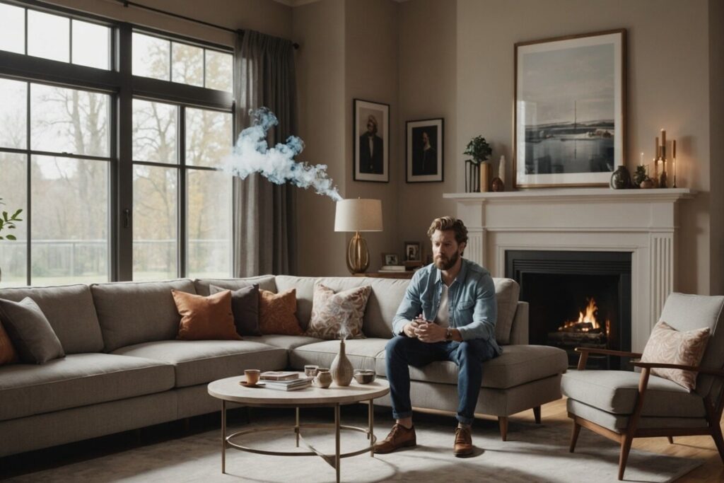 Fumeur vapote dans le salon de sa maison