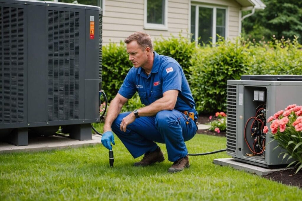 Ouvrier réalise l'installation d'une pompe à chaleur