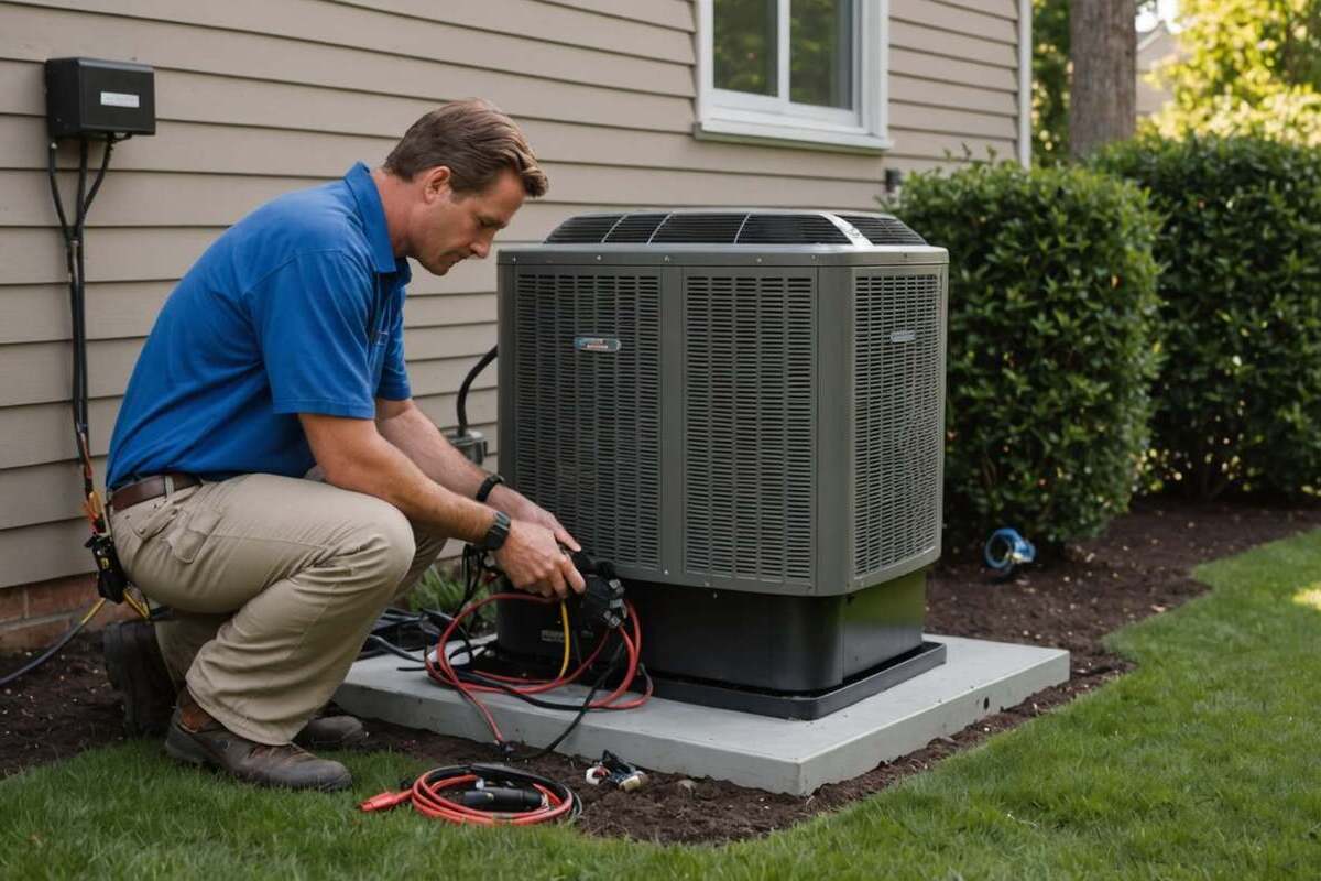 Ouvrier installe une pompe à chaleur