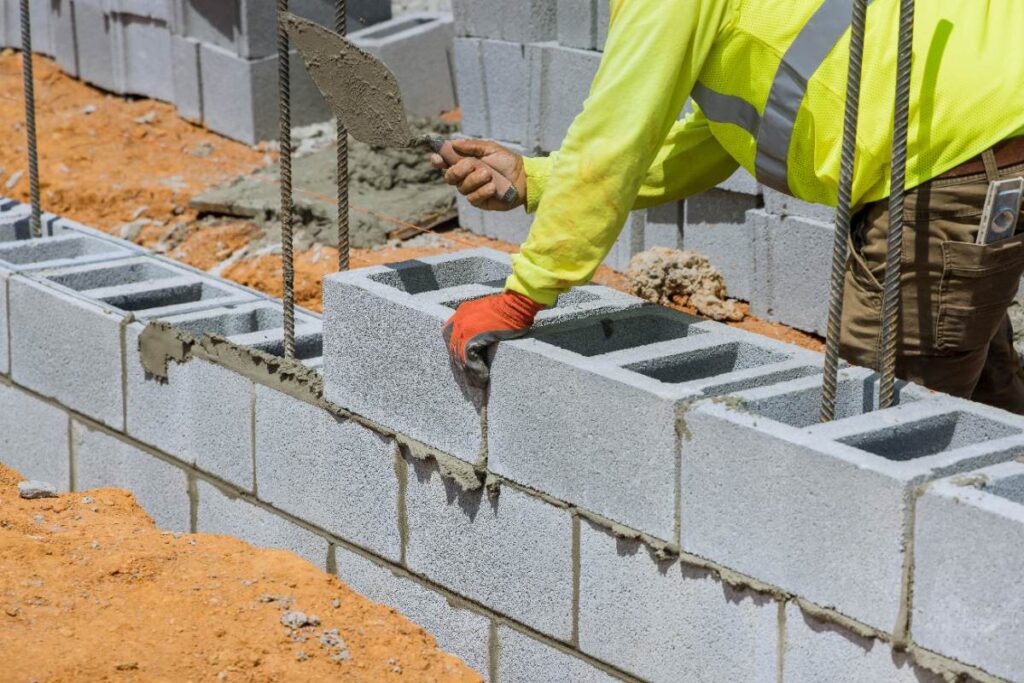 Un ouvrier qui utilise du parpaing pour la construction d'une maison
