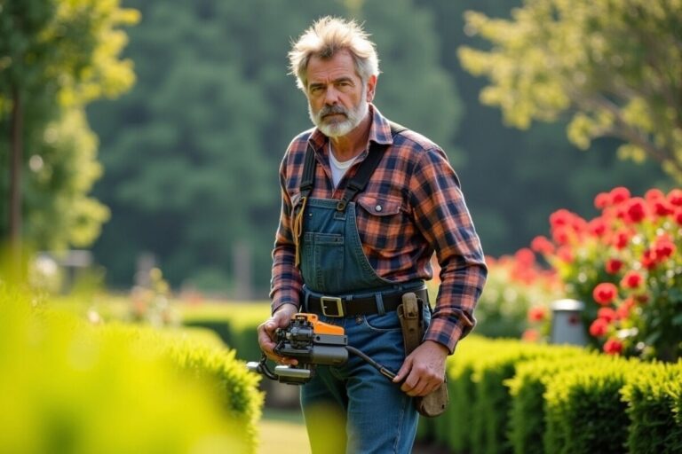 Un jardinier travaille avec une débroussailleuse de qualité