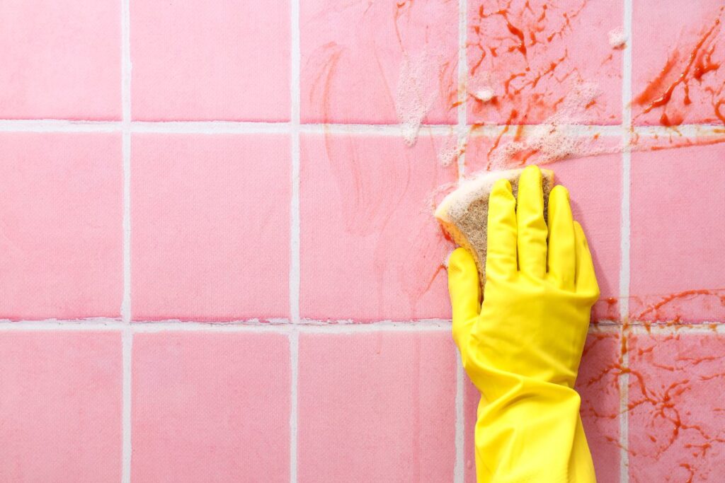 Main avec un gant jaune qui nettoie du carrelage