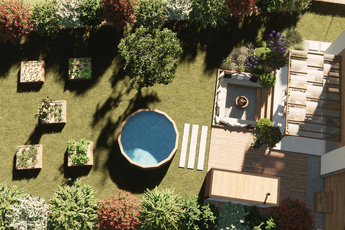 Plan en 3D d'aménagement extérieur d'un jardin