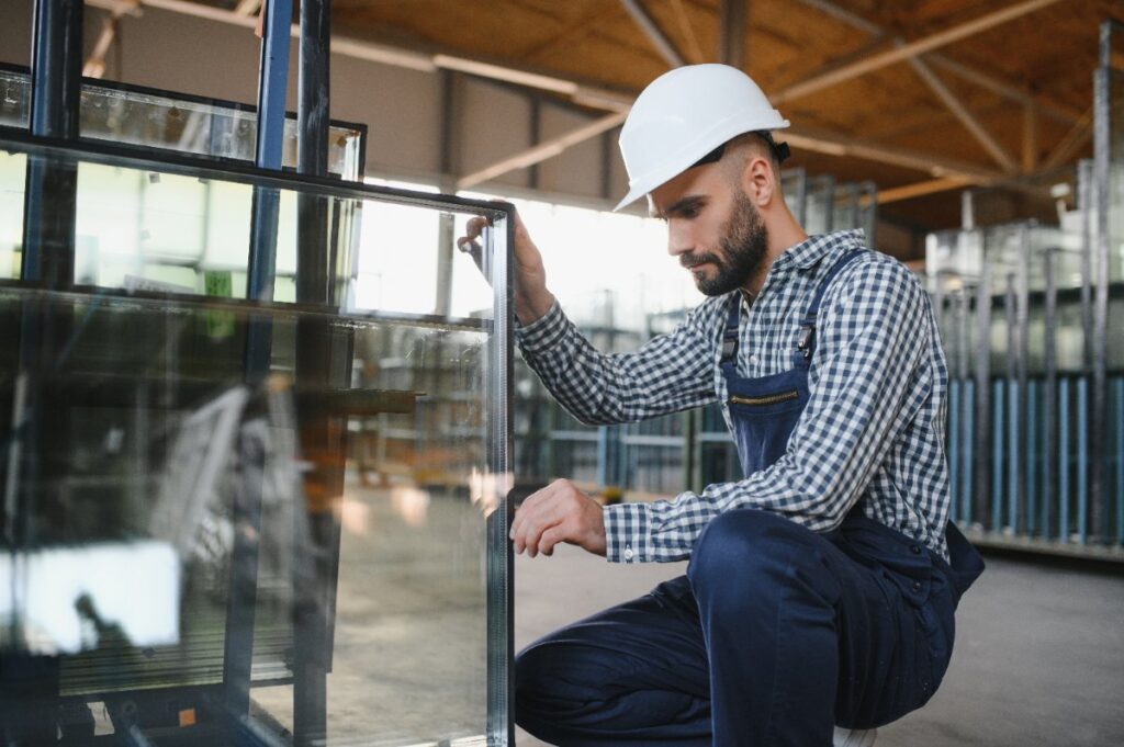 Un vitrier regardant un vitre dans un atelier