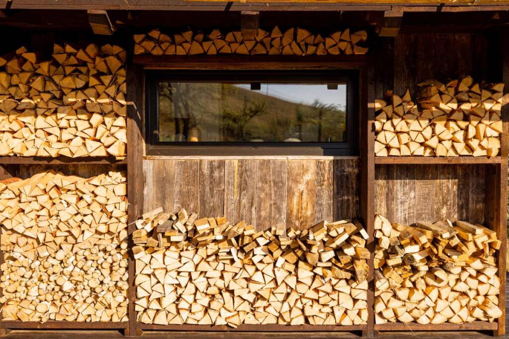 Bois de chauffage empilés contre un mur