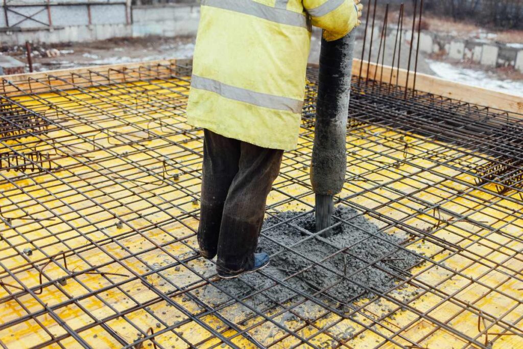 Un ouvrier de bâtiment coulant du ciment sur un dalle