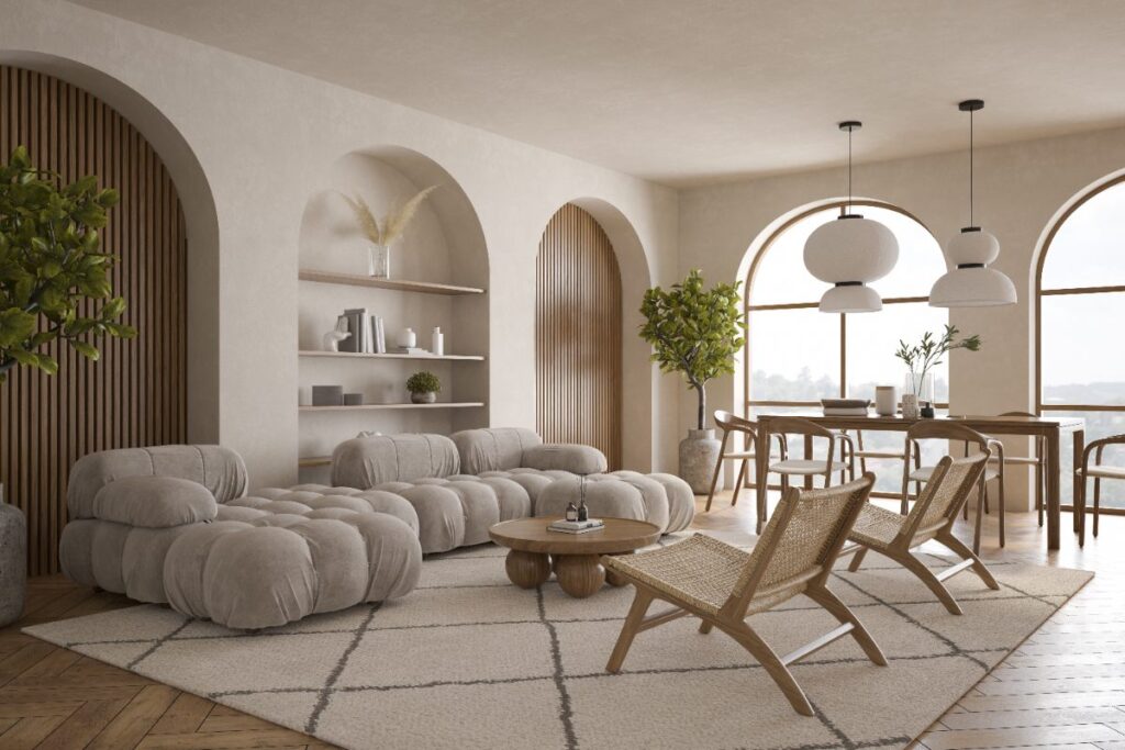 Un grand salon avec des mobiliers modernes