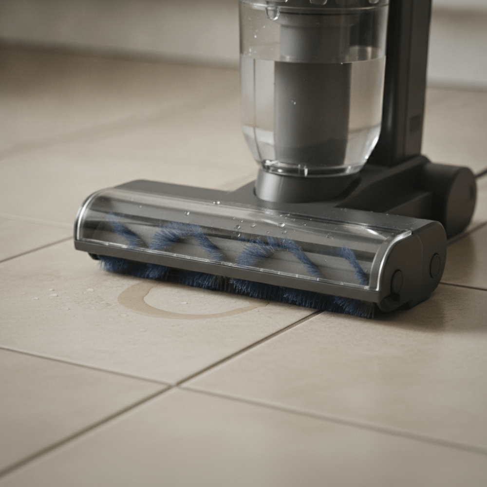 Gros plan sur un aspirateur laveur avec réservoir d'eau nettoyant un sol carrelé
