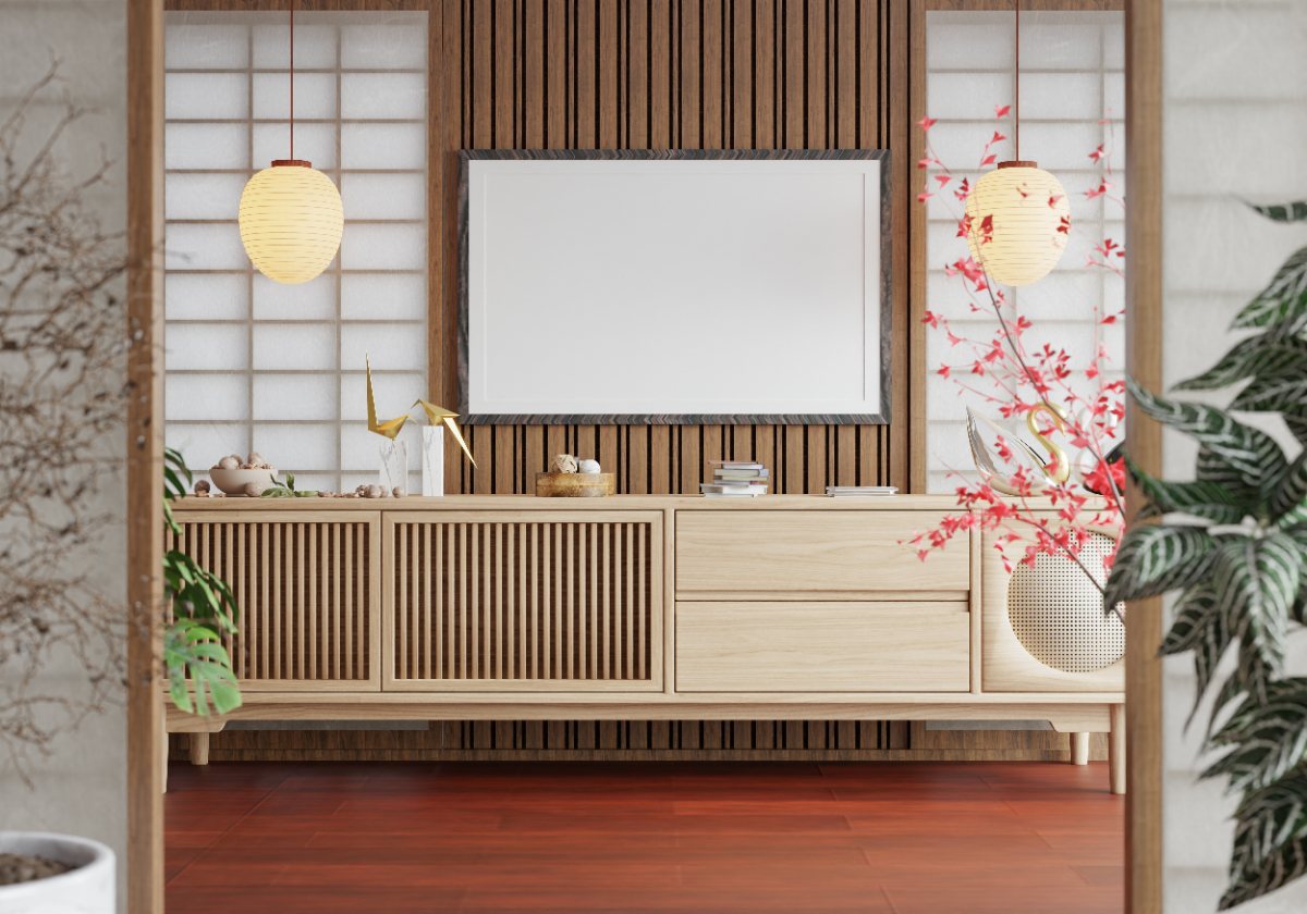 Intérieur d'une pièce avec une armoire, un cadre photo et des plantes