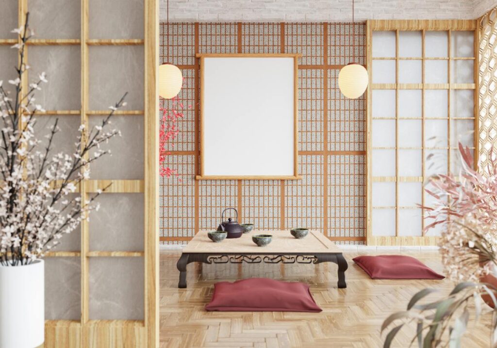 Intérieur d'une pièce avec une table basse et un cadre sur le mur