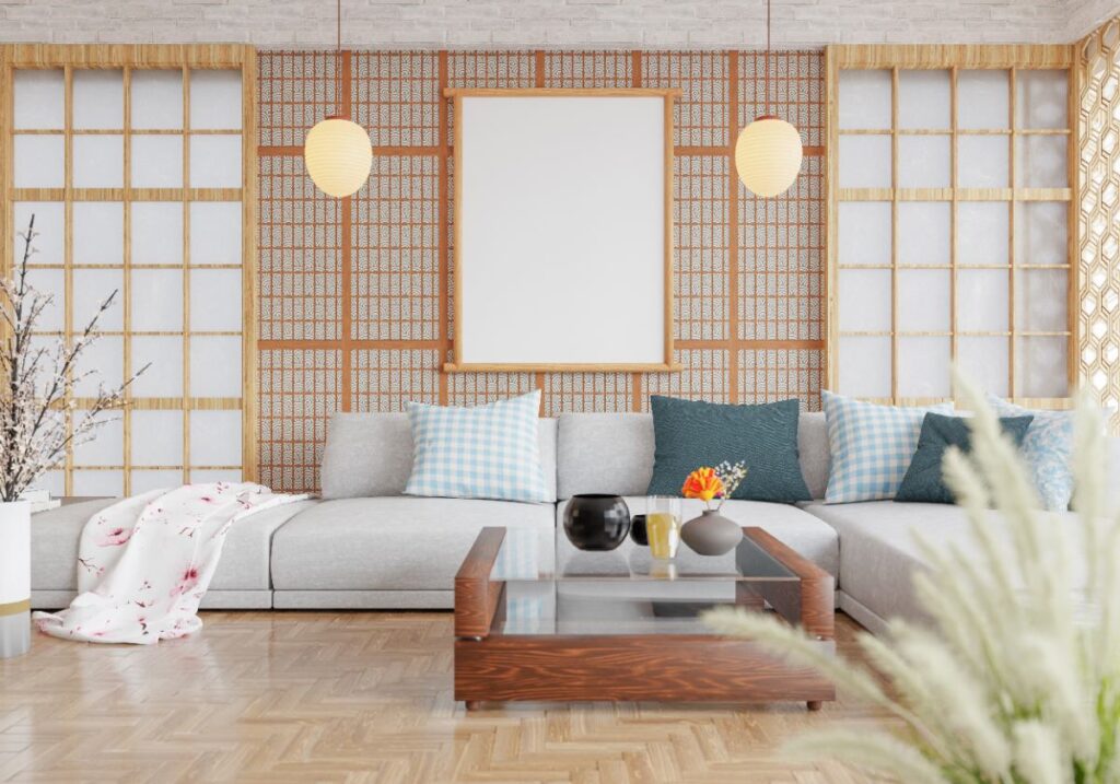 Intérieur d'un salon avec un mur blanc, un canapé et des plantes en vase