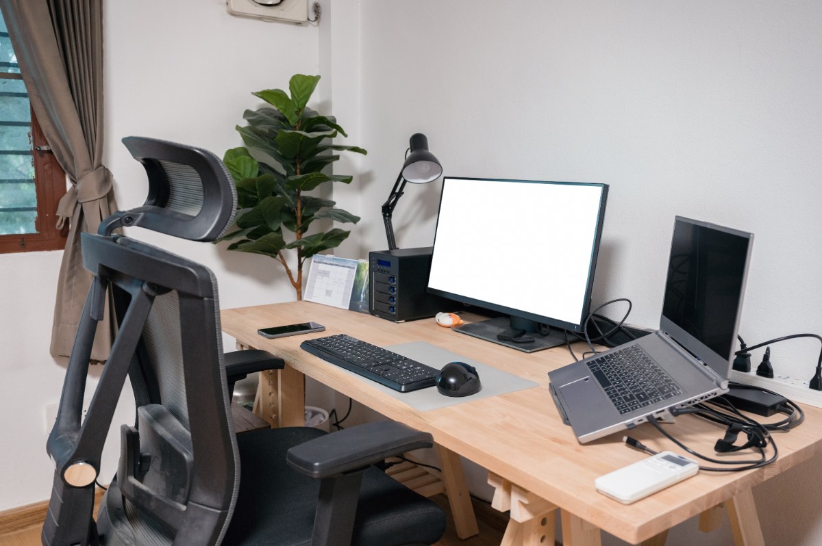 Un bureau avec des ordinateurs, une chaise, une lampe et une plante verte