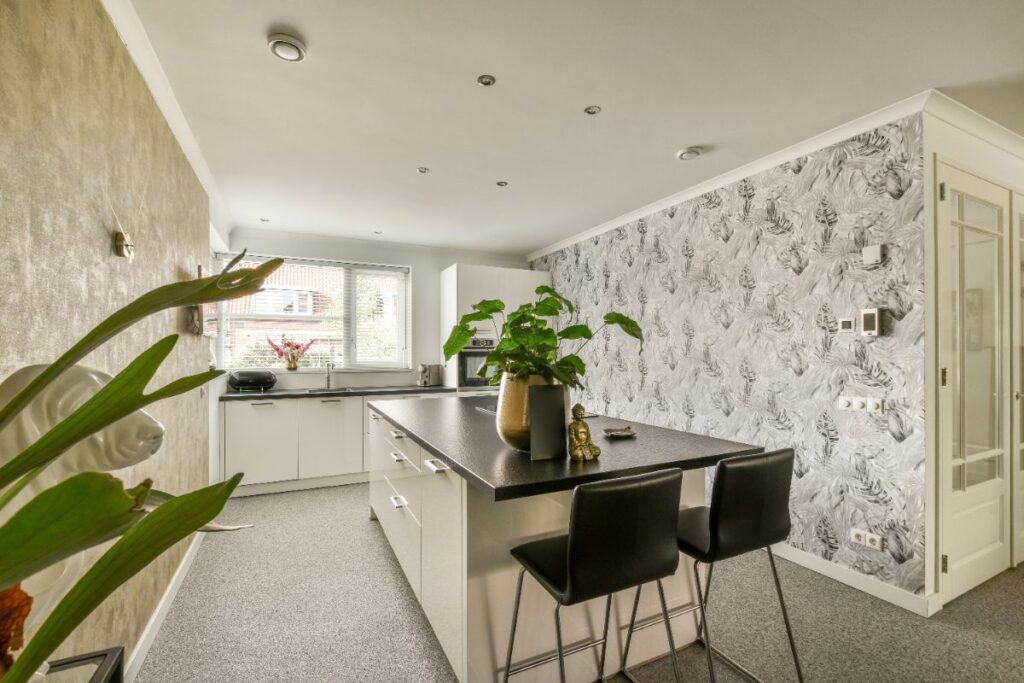 Intérieur d'une cuisine avec un îlot